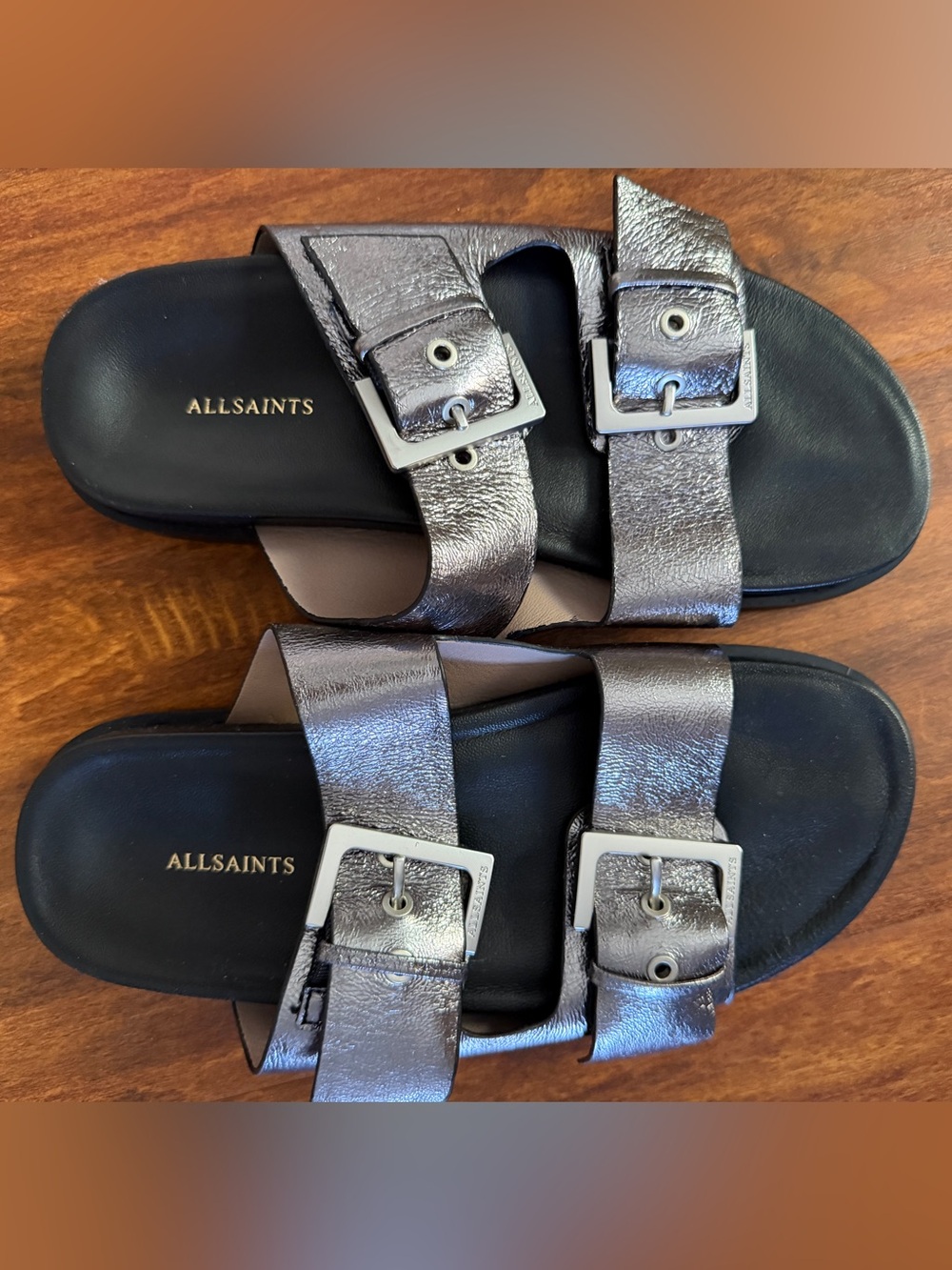AllSaints MIA Double Buckle Metallic  Leather Slide Sandals NWT